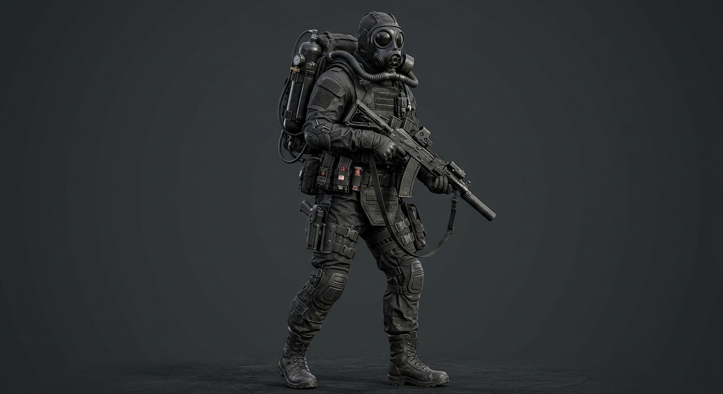A full-body shot of an elite tactical soldier in a post-apocalyptic Stalker style. The soldier is wearing entirely solid matte black combat gear, a black advanced gas mask with dark tinted lenses, and a heavy-duty tactical rebreather system mounted on their back. Elite forces tactical armor, modular