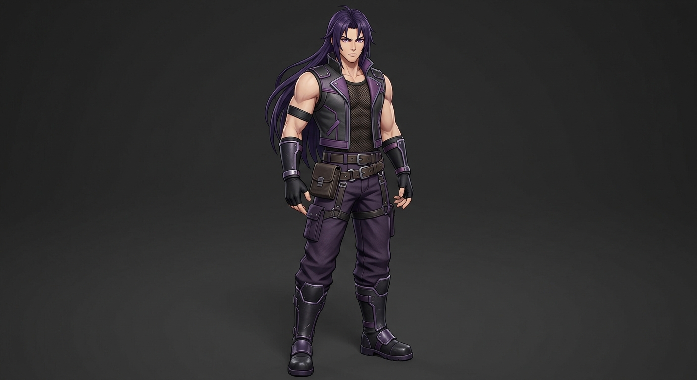 make a anime character. build lean with muscles, hair long purple, eye colour purple, height 6,2, skin colour white