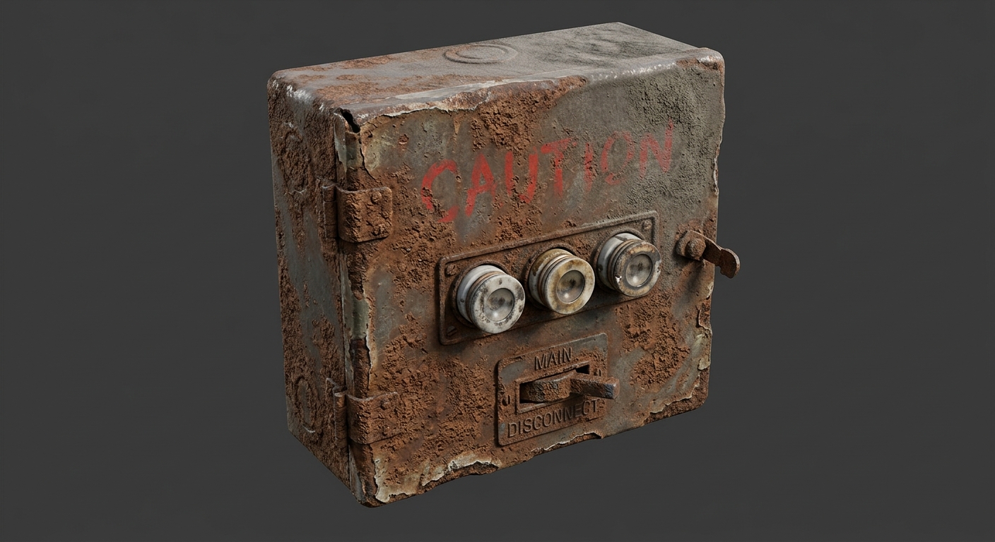 an old fuse box with caution written on it in a faded way with dust on the top right part and crusty rust all over the fuse box with a normal of concrete of strength 2
