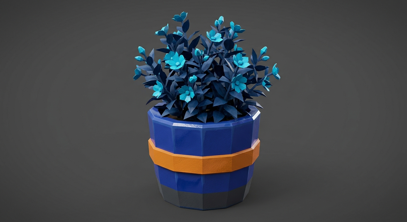 Create a stylized low-poly 3D game asset of a blue ceramic flower pot filled with dense dark-blue angular foliage. The pot has a faceted cylindrical shape, a dark gray base, and a thick orange band wrapped around its middle. Add several small faceted cyan-blue flowers among the leaves. Place the pot