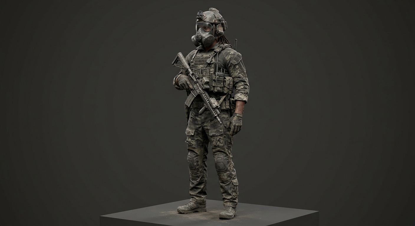Black Modern Soldier, with GAS MASKS, a MK18 as a weapon, and modern but bit damaged looking TACTICAL GEAR