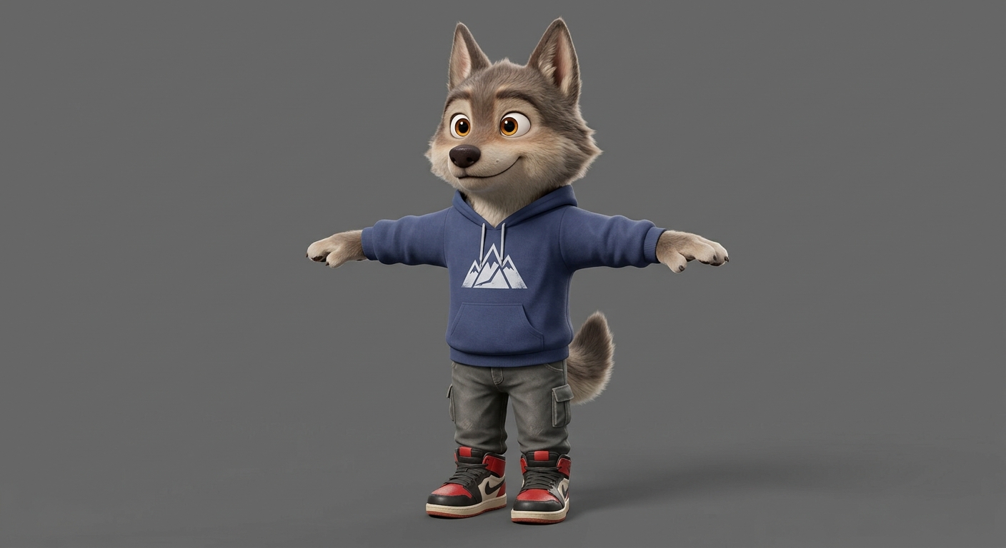 anthropomorphic wolf, chibi 3D character, Pixar style, soft fur texture, big expressive eyes, wearing streetwear hoodie and sneakers, full body, T-pose, centered, PBR material, 8k, studio lighting, clean topology, no background